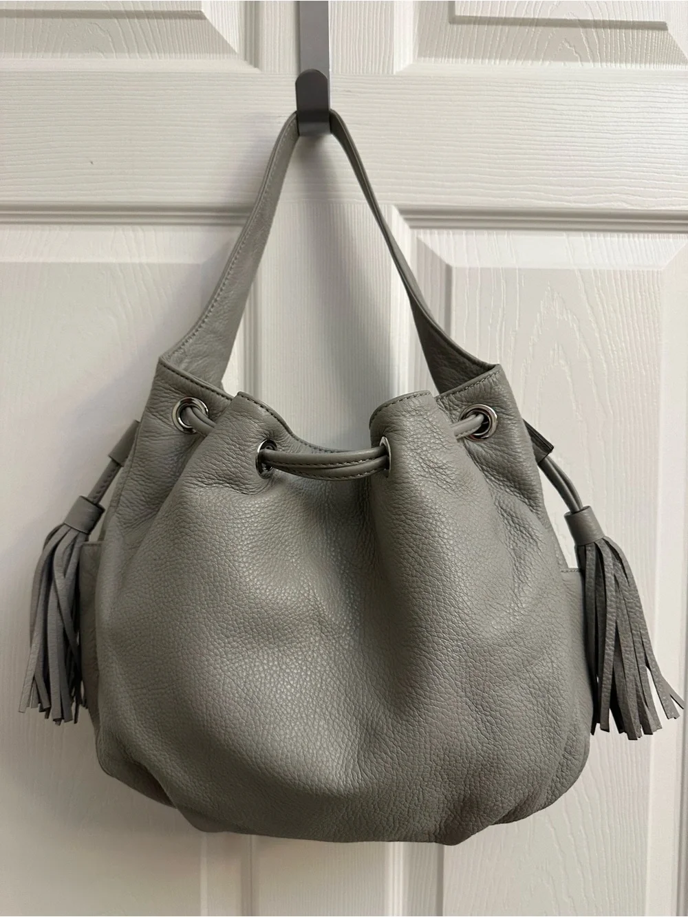 Michael Kors Gray Pebbled Leather Drawstring Hobo with Tassel